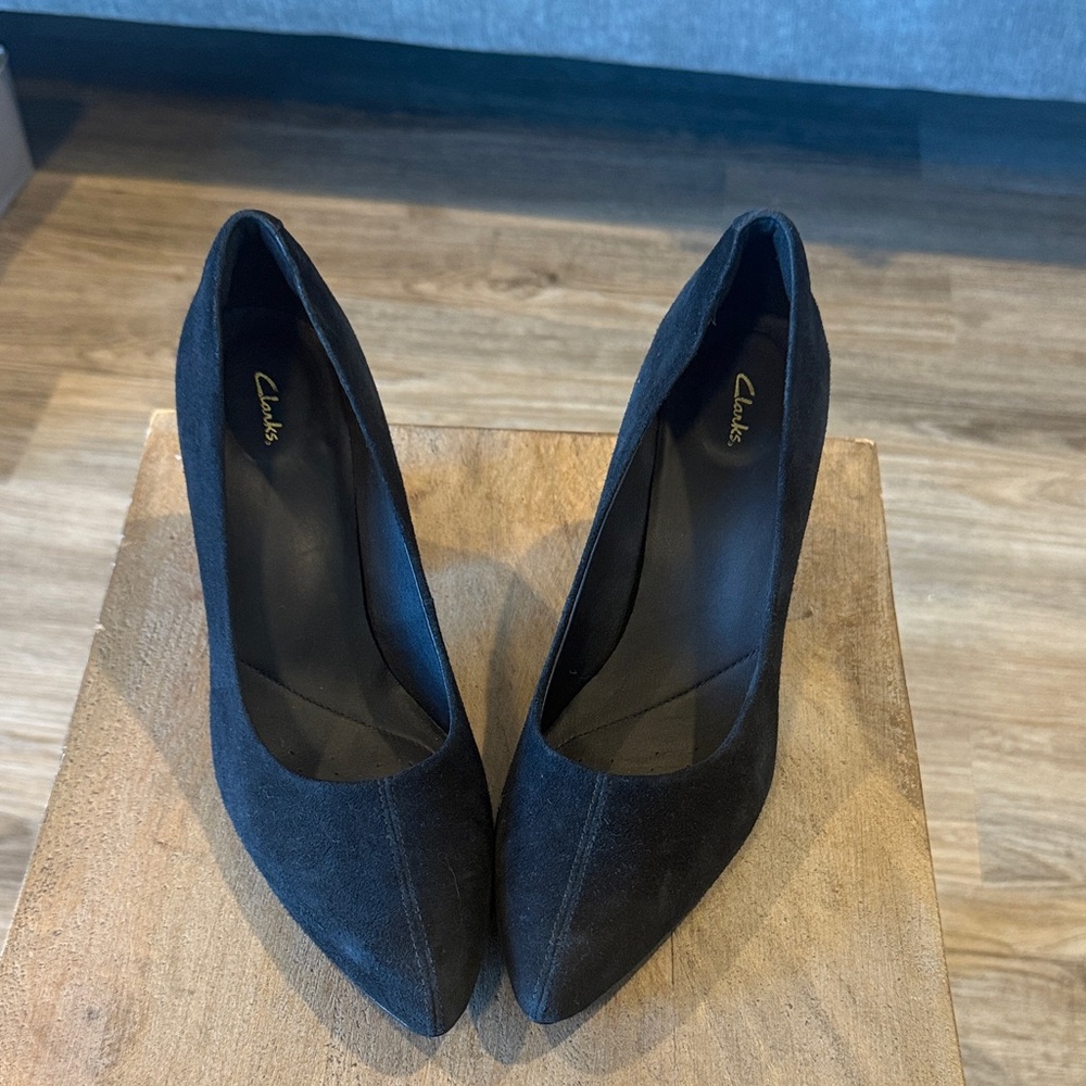 Clarks Elegant Black Suede Heels